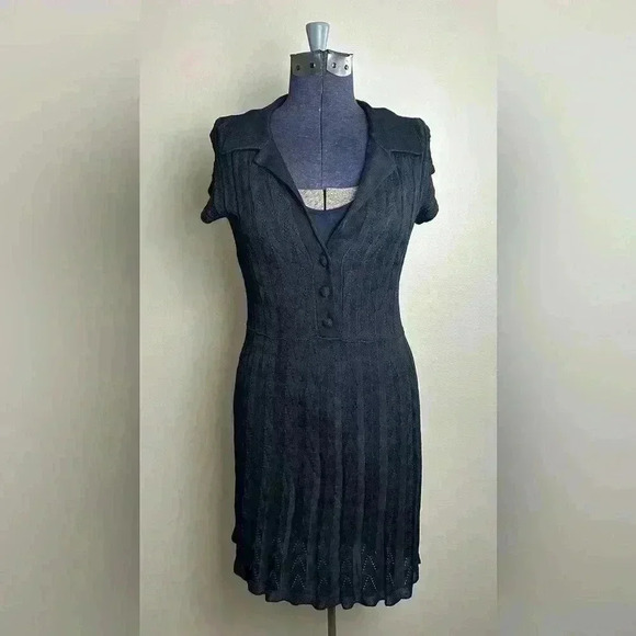 Urban Outfitters FREE PEOPLE Pointelle Lace Knit Black Dress Small - Picture 4 of 13